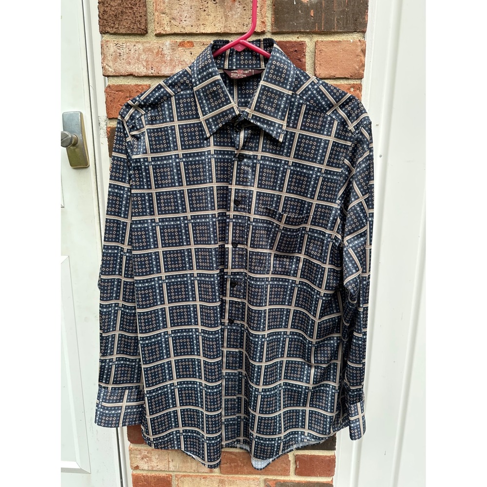 Vtg Kingsport Men's Navy Blue Geometric Grid Button Down Shirt L 16-16.5 #0058